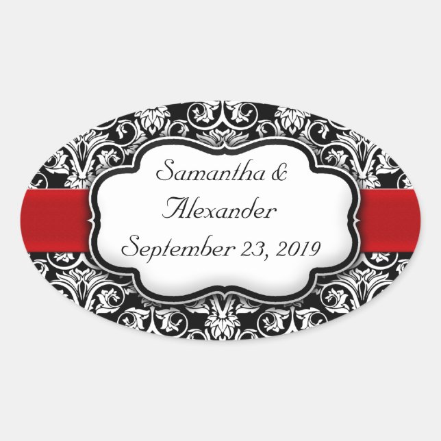 Black/White Damask Red Ribbon Oval Sticker (Front)