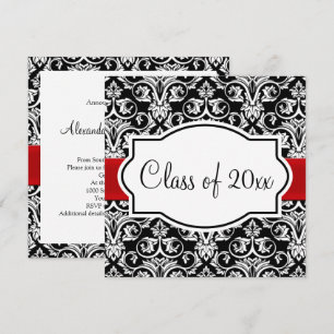 Black/White Damask Red Ribbon Square Graduation Invitation