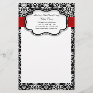 Black/White Damask Red Ribbon Stationery