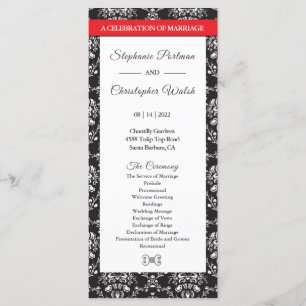 Black White Damask Red Ribbon Wedding Program Programme