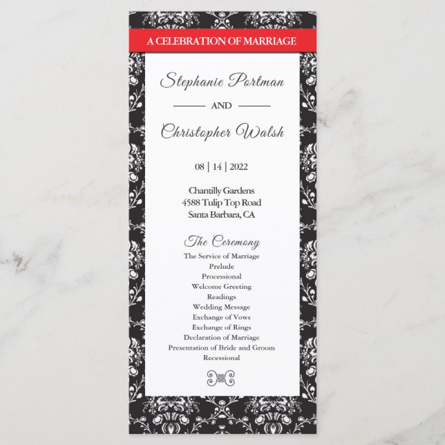 Black White Damask Red Ribbon Wedding Program Programme (Front)