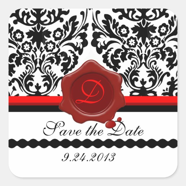 BLACK WHITE DAMASK RED WAX SEAL MONOGRAM (Front)