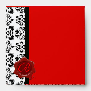 BLACK WHITE DAMASK RED WAX SEAL MONOGRAM ENVELOPE