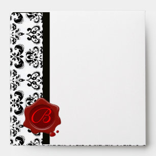 BLACK WHITE DAMASK RED WAX SEAL MONOGRAM ENVELOPE