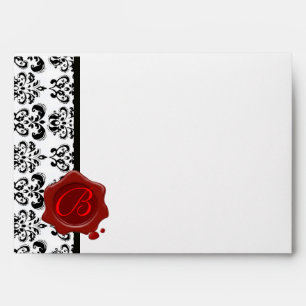 BLACK WHITE DAMASK RED WAX SEAL MONOGRAM ENVELOPES