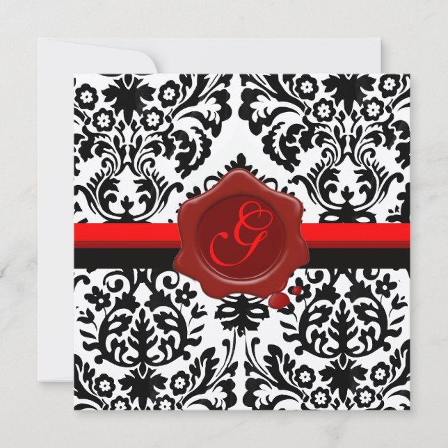 BLACK & WHITE DAMASK, RED WAX SEAL MONOGRAM GOLD INVITATION (Front)