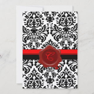 BLACK & WHITE DAMASK, RED WAX SEAL MONOGRAM INVITATION
