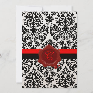 BLACK & WHITE DAMASK, RED WAX SEAL MONOGRAM INVITATION