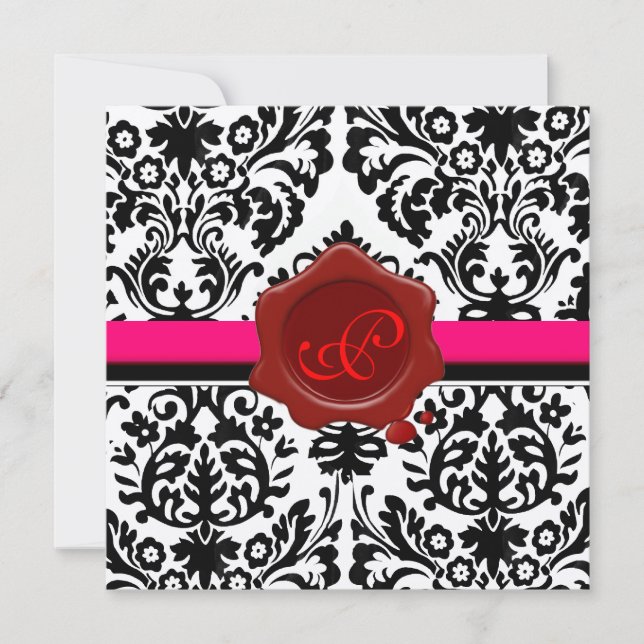 BLACK & WHITE DAMASK, RED WAX SEAL MONOGRAM INVITATION (Front)