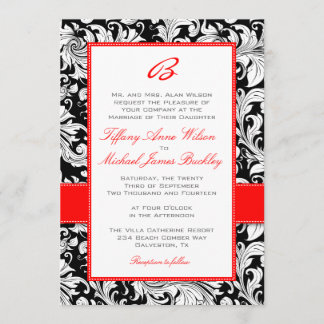 Black white damask red wedding invitation