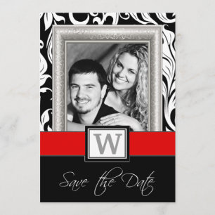 Black White Damask & Red  Wedding Save the Dates Date