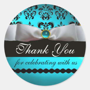 BLACK & WHITE DAMASK RIBBON BLUE GEM Thank You Classic Round Sticker