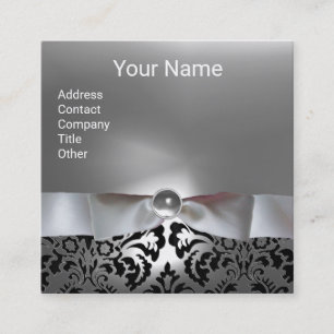 BLACK WHITE DAMASK RIBBON ,GREY GEMSTONE MONOGRAM SQUARE BUSINESS CARD