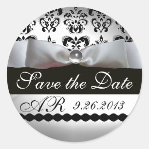 BLACK & WHITE DAMASK RIBBON MONOGRAM Gemstone Classic Round Sticker