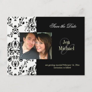 Black + white Damask Save Date Photo postcards, Announcement Postcard