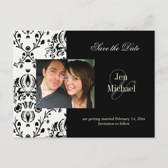 Black + white Damask Save Date Photo postcards, Announcement Postcard (Front)
