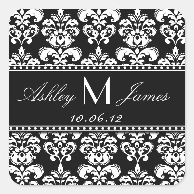 Black White Damask Save the Date Sticker (Front)