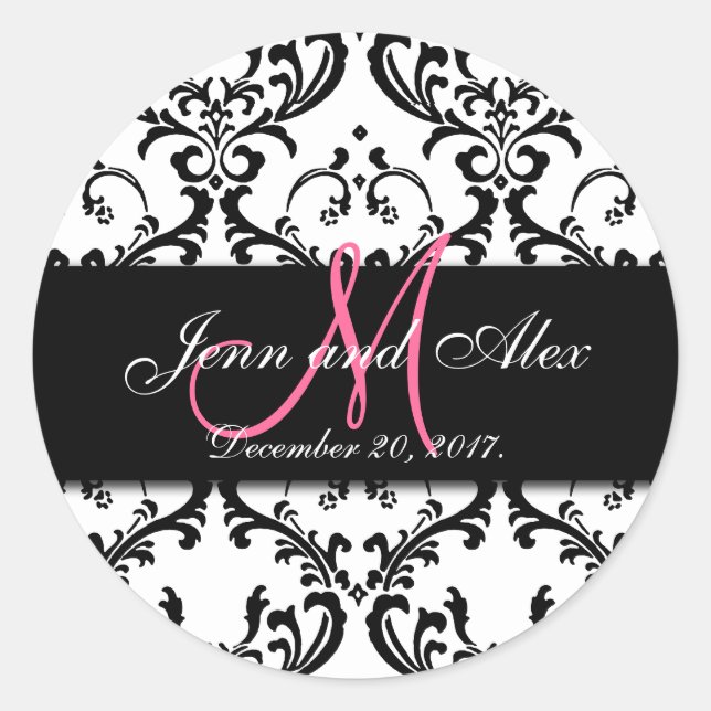 Black White Damask Save the Date Stickers (Front)