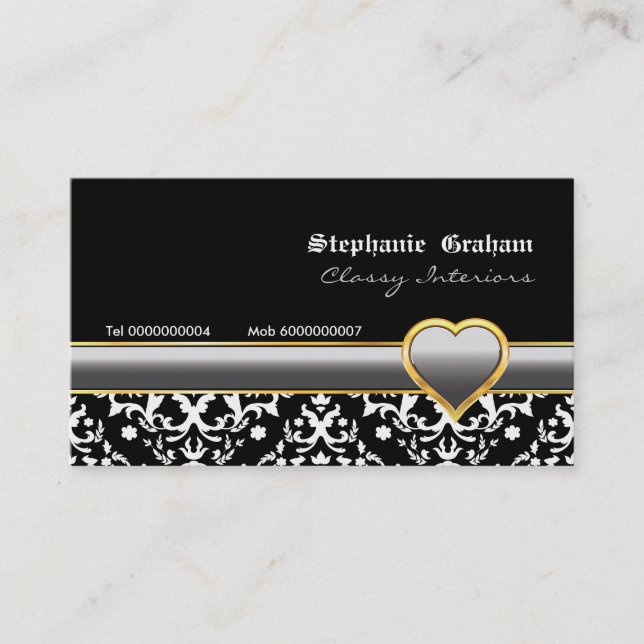 Black white damask silver grey heart business card (Front)