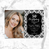 Black White Damask Silver Photo 50th Birthday