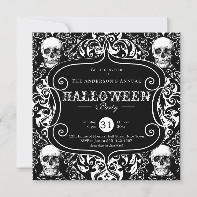 Black White Damask Skull Custom Halloween Party Invitation (Front)