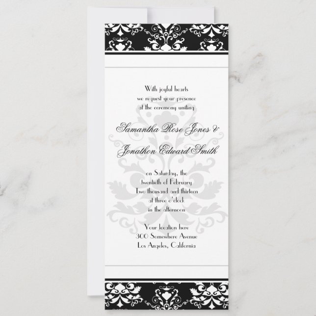 Black & White Damask Slim Wedding Invitation (Front)