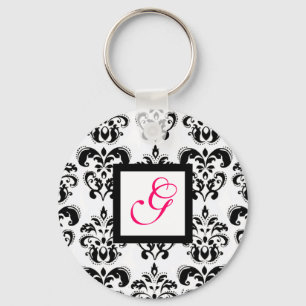 BLACK WHITE DAMASK SQUARE PINK FUCHSIA MONOGRAM KEY RING