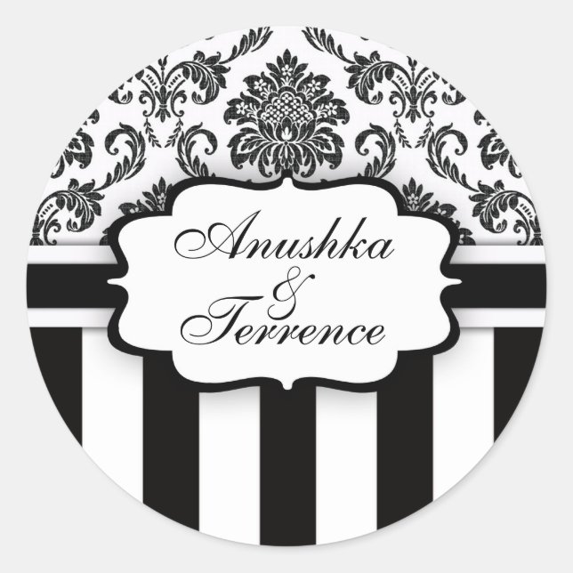 Black White Damask Stripe Wedding Sticker (Front)