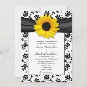 Black White Damask Sunflower Wedding Invitation