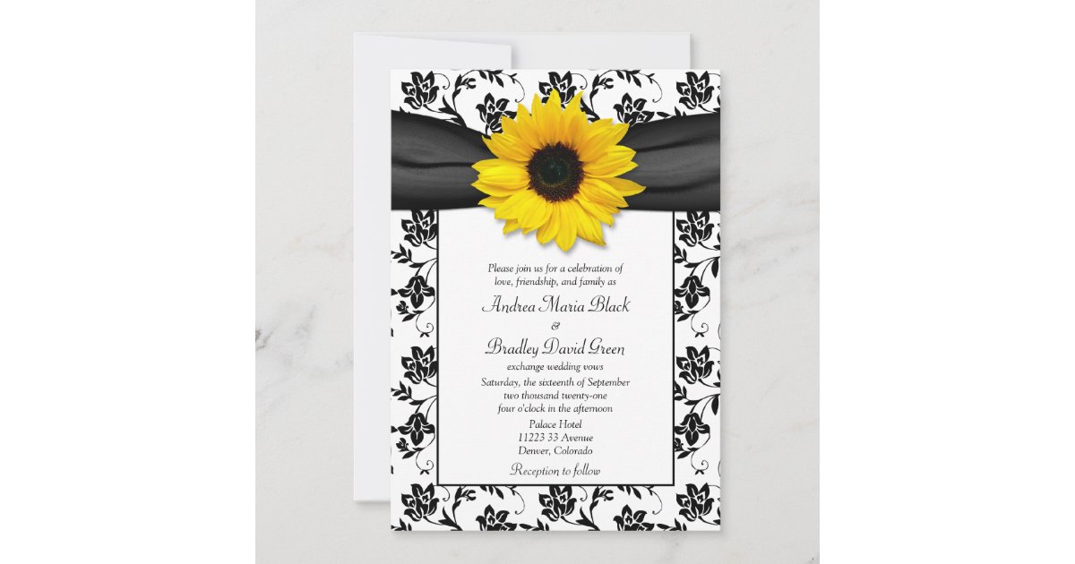 Black White Damask Sunflower Wedding Invitation Zazzle.co.uk