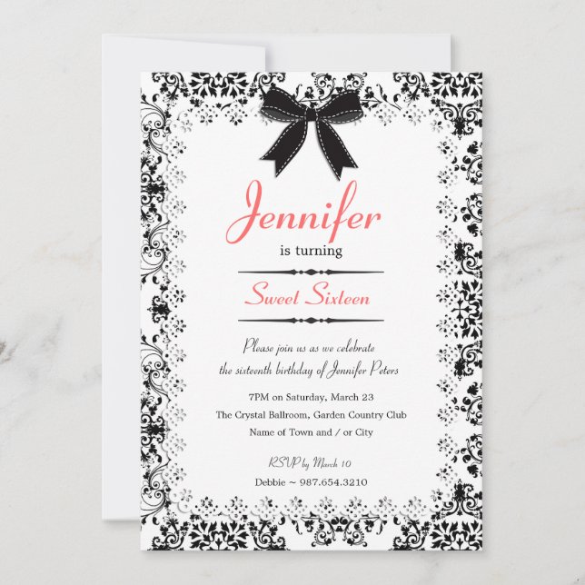 Black & White Damask Sweet 16 5x7 Invitation (Front)