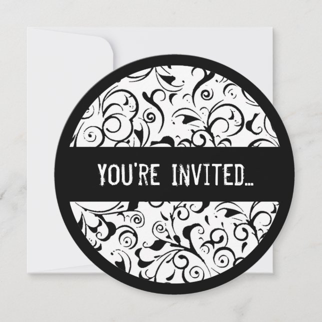 Black white damask sweet 16 circle invitations (Front)