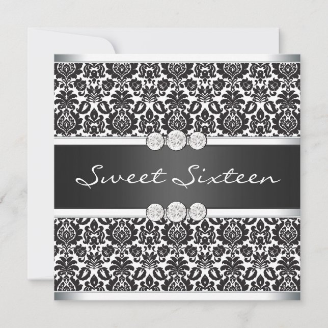 Black White Damask Sweet 16 Party Invitation (Front)