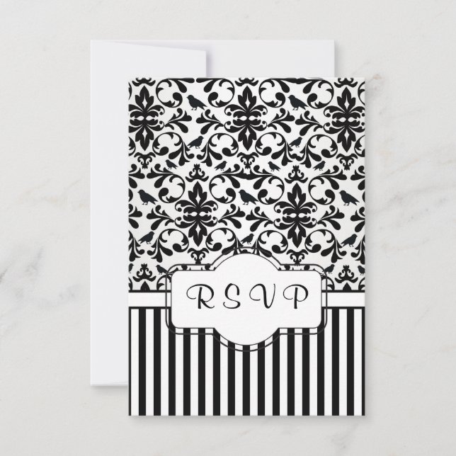 Black white Damask swirls, birds, stripes RSVP Card (Front)