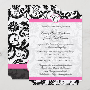 Black & White Damask Swirls Fuchsia Pink Trim Invitation