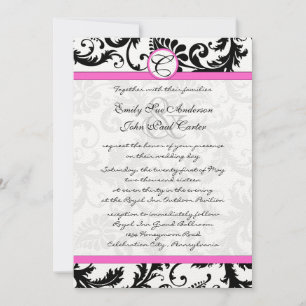 Black & White Damask Swirls Hot Pink Trim Invitation