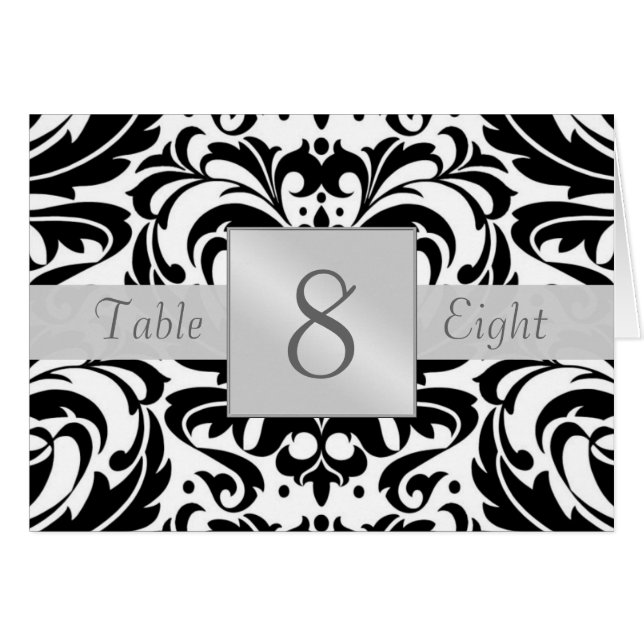 Black & White Damask Table Number Folded Card (Front Horizontal)