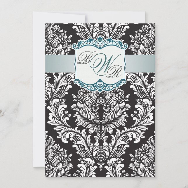Black white Damask teal, Monograms Wedding Invitation (Front)