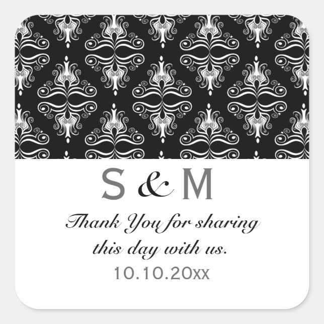 Black White Damask Thank You Monogram Wedding Square Sticker (Front)