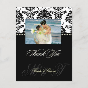 Black + White Damask Thank You Photo postcards, Postcard