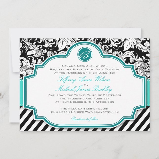 Black white damask turquoise wedding invitation (Front)