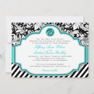 Black white damask turquoise wedding invitation