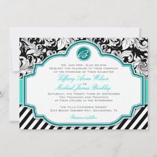 Black white damask turquoise wedding invitation