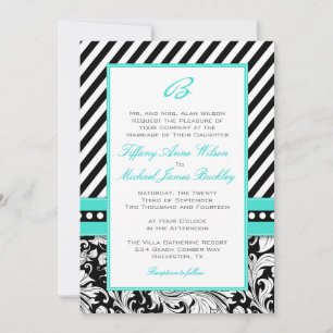 Black white damask turquoise wedding invitation