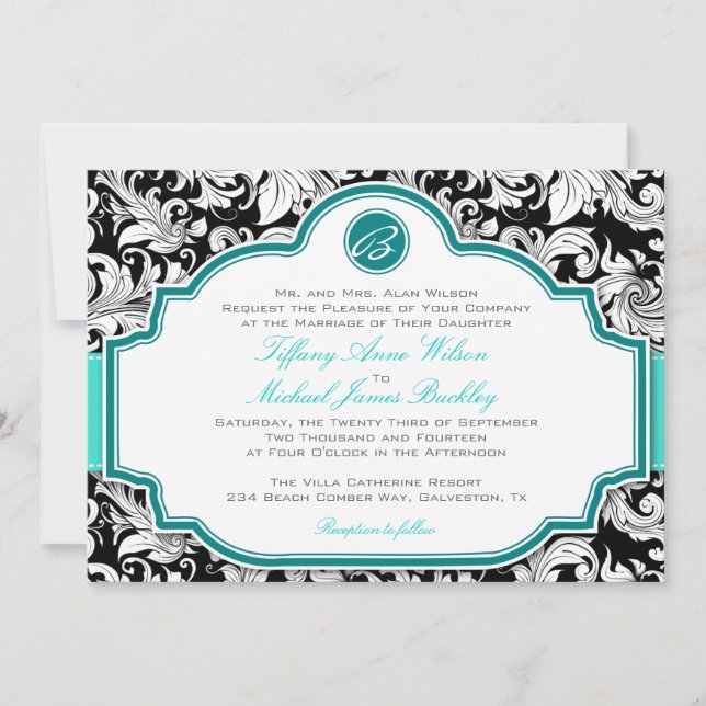 Black white damask turquoise wedding invitation (Front)