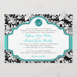 Black white damask turquoise wedding invitation