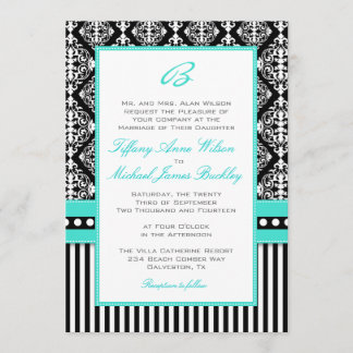 Black white damask turquoise wedding invitation