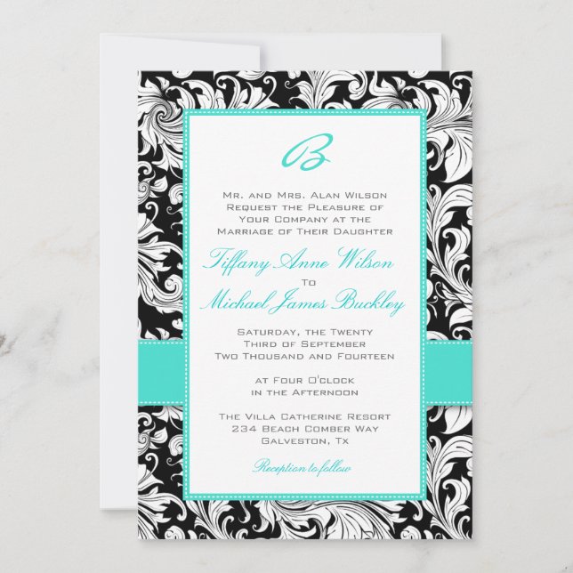 Black white damask turquoise wedding invitation (Front)