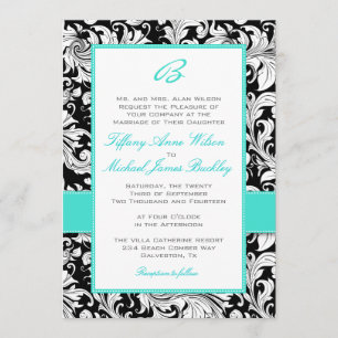 Black white damask turquoise wedding invitation