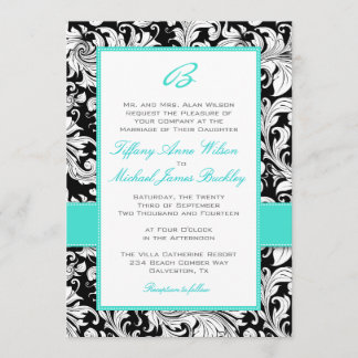 Black white damask turquoise wedding invitation